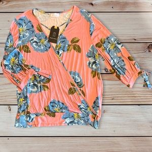 Surplice Crisscross Floral Flower Top Pink Blue Medium M